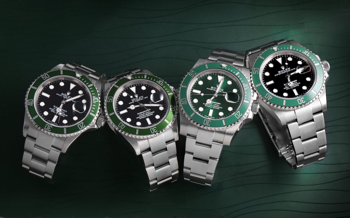 https://www.swisswatchexpo.com/TheWatchClub/wp-content/uploads/2022/04/Rolex-Submariner-Green-Watches-%E2%80%93-Kermit-16610LV-Hulk-116610LV-and-Starbucks-126610LV-1200x750.jpg