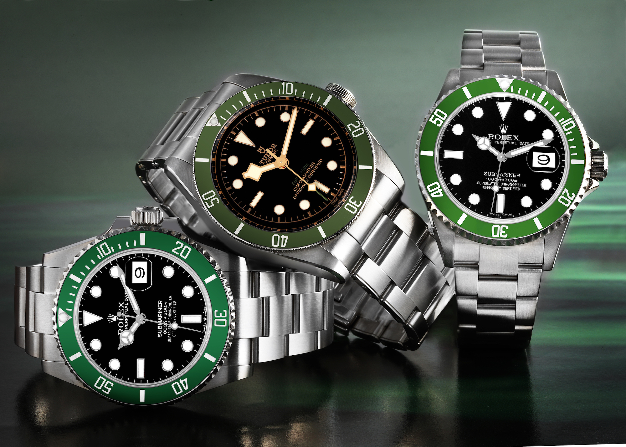 https://www.swisswatchexpo.com/TheWatchClub/wp-content/uploads/2023/09/Green-Bezel-Watches-Rolex-Submariner-Kermit-and-Tudor-Black-Bay-Harrods-1.jpg