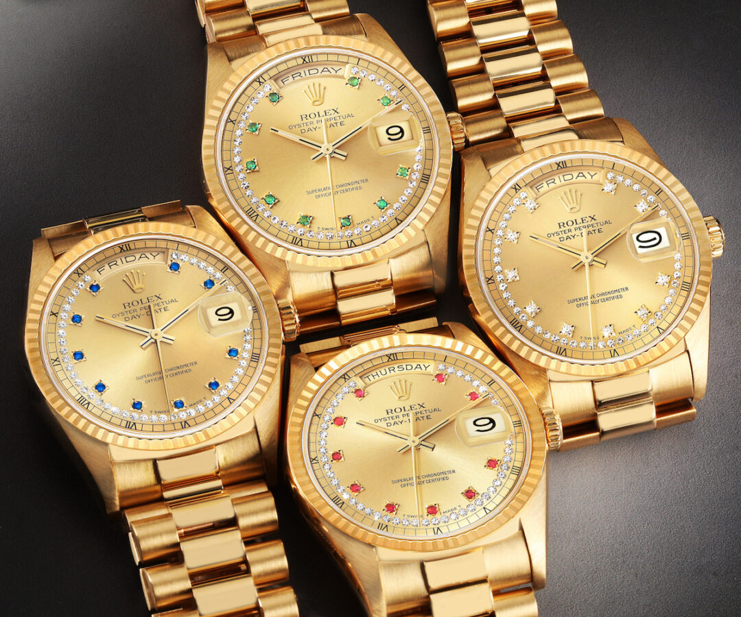 Rolex President Day-Date 36 Yellow Gold String Sapphire, Emerald, Diamond and Ruby Dial Watches