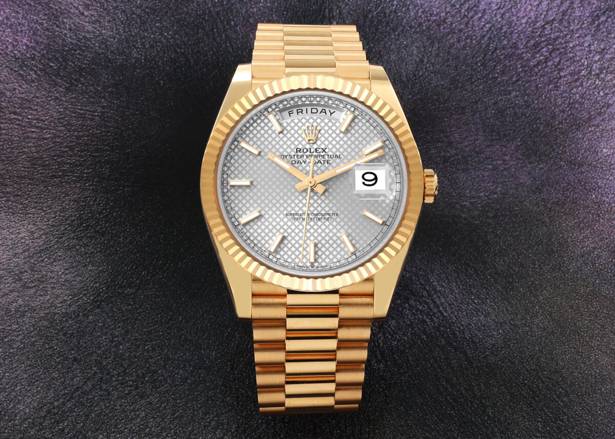 Rolex President Day-Date 40 Yellow Gold Silver Diagonal Dial Mens Watch 228238