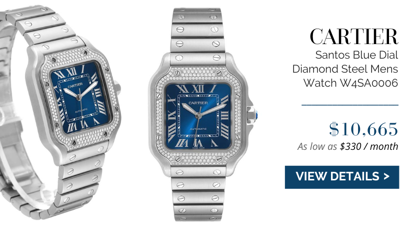 Cartier Santos Blue Dial Diamond Steel Mens Watch W4SA0006