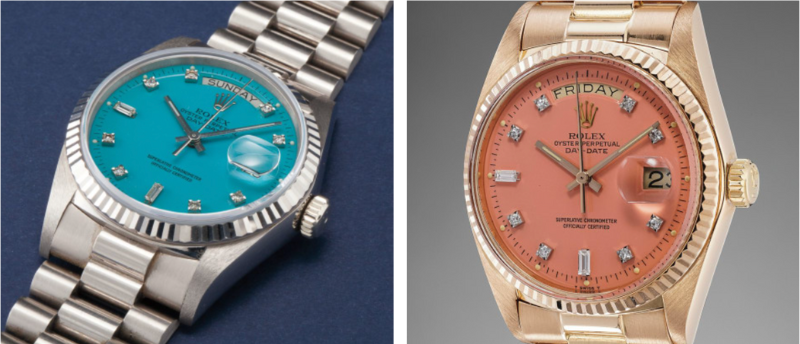 Rolex Day-Date White Gold Blue Diamond Stella Dial ref 18039 and Rolex Day-Date Pink Stella Dial ref 1803. 