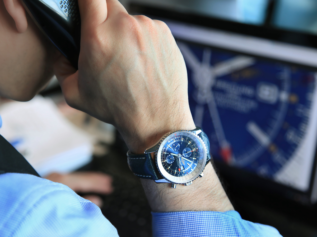 Breitling Navitimer World GMT Steel Blue Dial Strap Watch