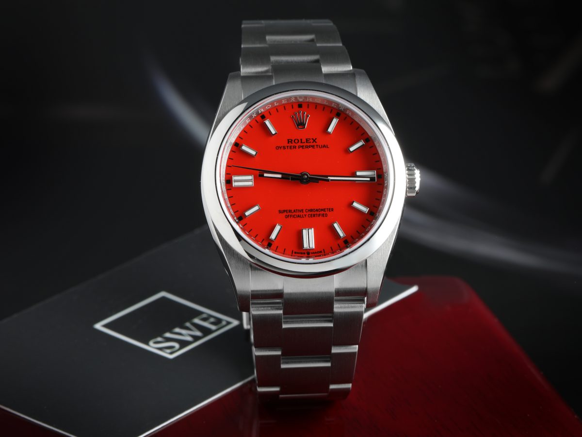 Rolex Oyster Perpetual Coral Red Dial Steel Mens Watch 126000