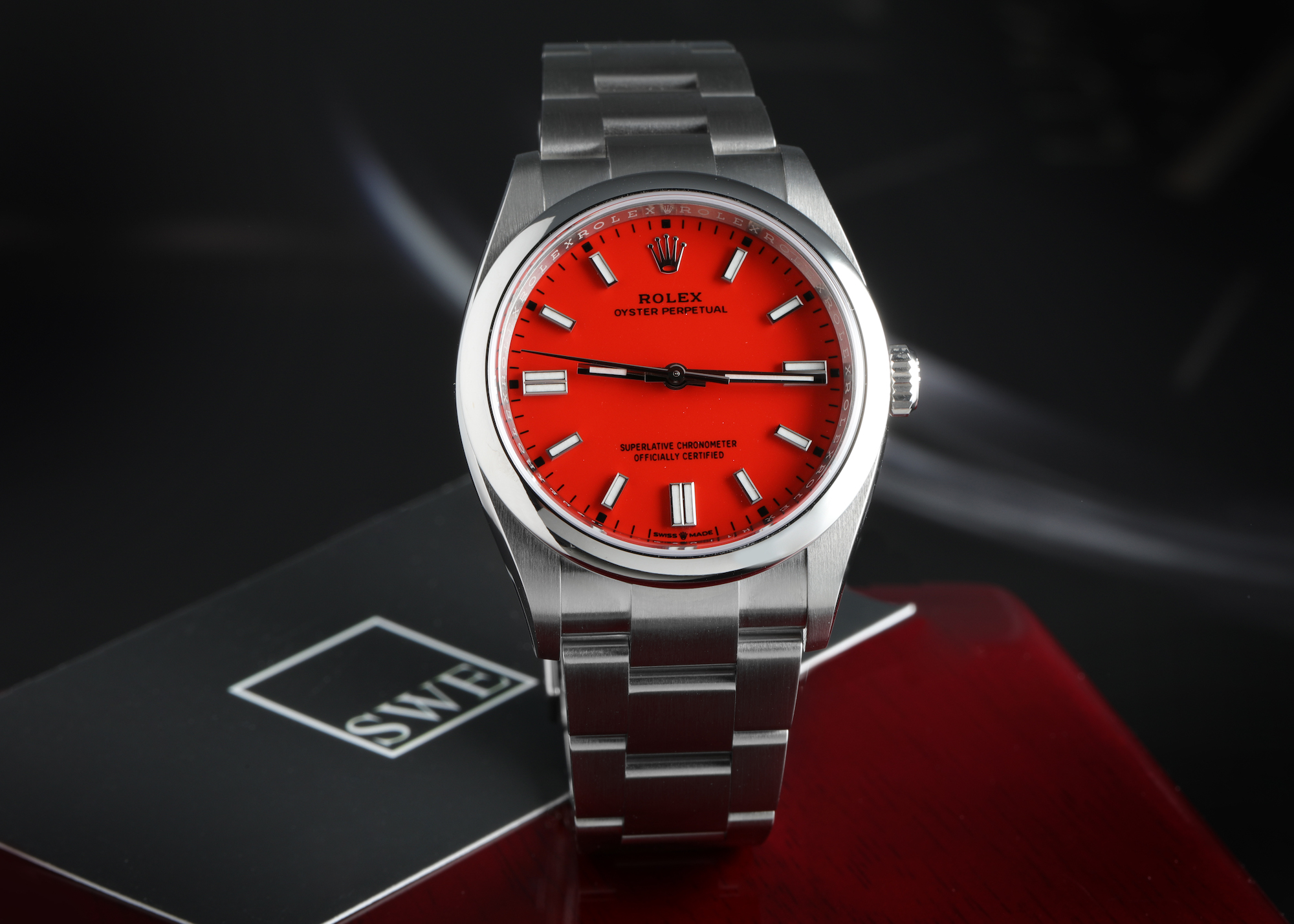 Rolex Oyster Perpetual Coral Red Dial Steel Mens Watch 126000