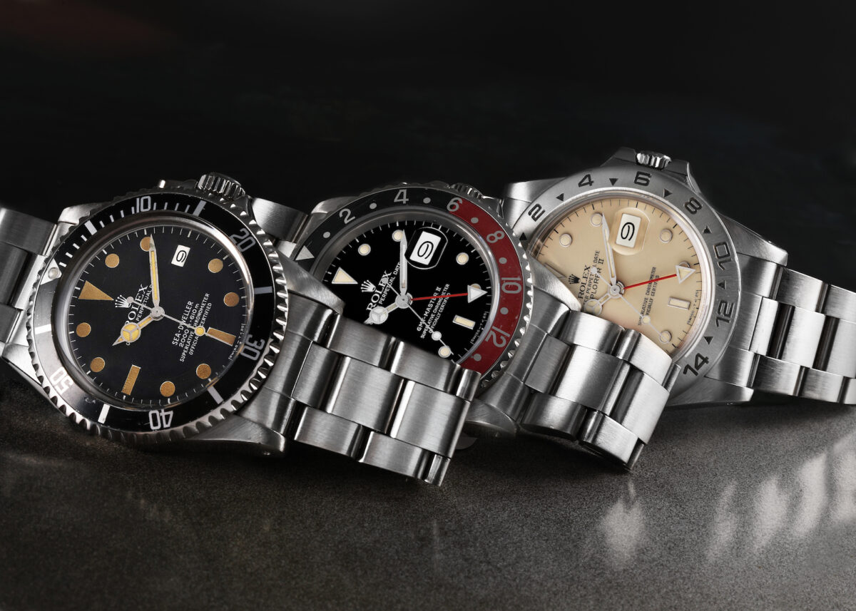 Rolex Seadweller 1665, GMT-Master II Coke 16760, and Explorer II 16550