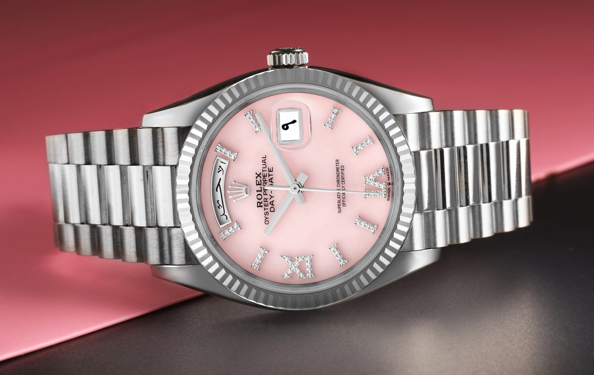 Rolex President Day-Date White Gold Pink Opal Diamond Dial Watch 128239