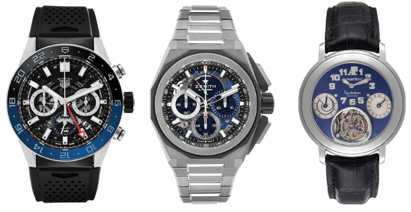 TAG Heuer Carrera GMT Batman, Zenith Defy Extreme El Primero, and Audemars Piguet Jules Audemars Tourbillon