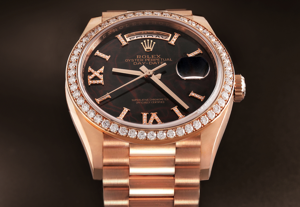 Rolex President Day Date Rose Gold Eisenkiesel Dial Diamond Mens Watch 128345