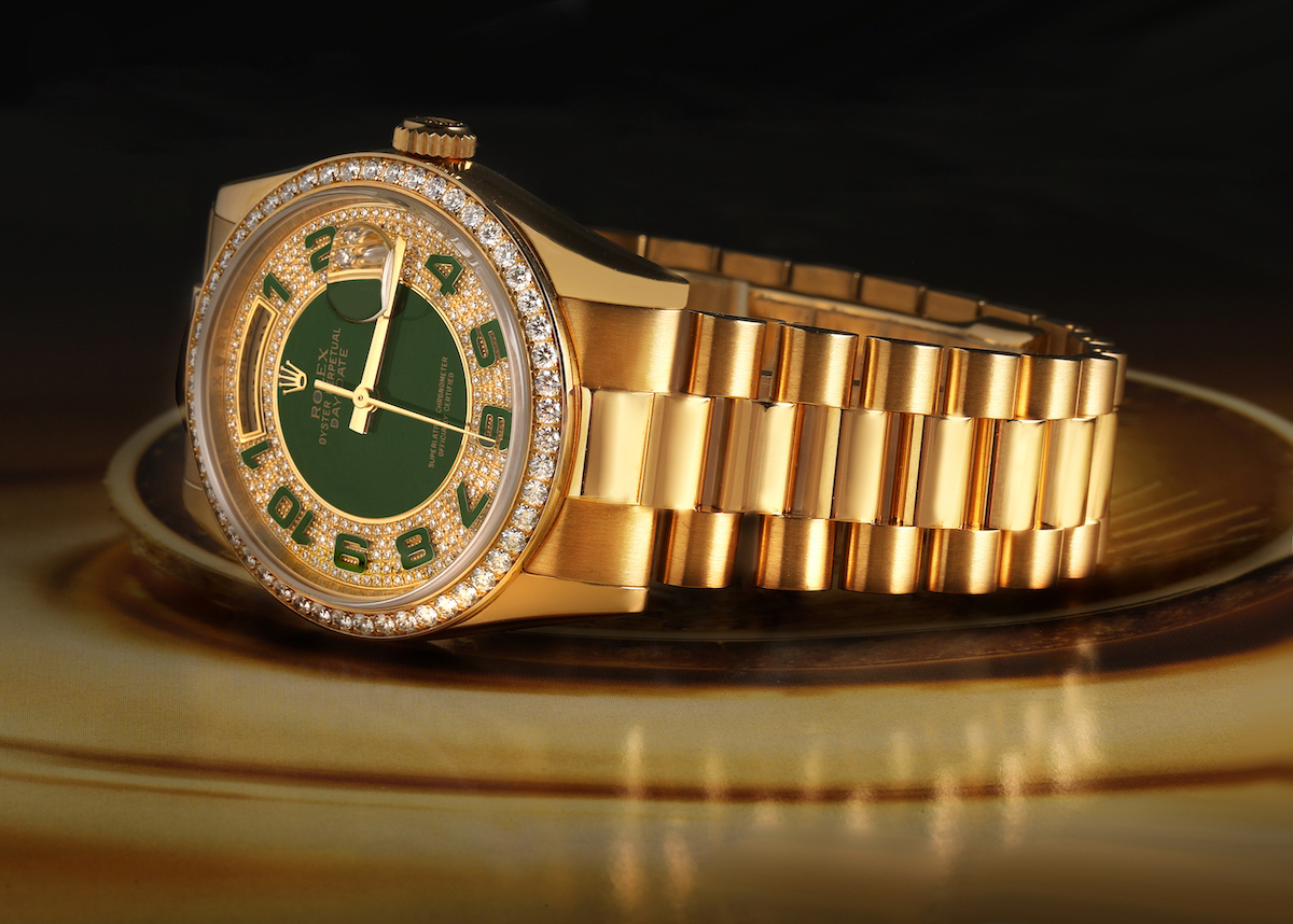 Rolex President Day Date Yellow Gold Green Enamel Diamond Mens Watch 118348