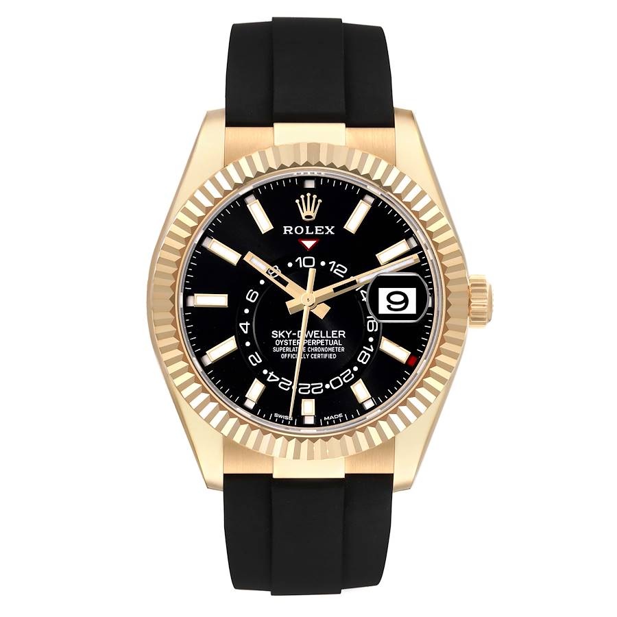 Rolex Sky-Dweller Yellow Gold Black Dial Oysterflex Mens Watch 326238