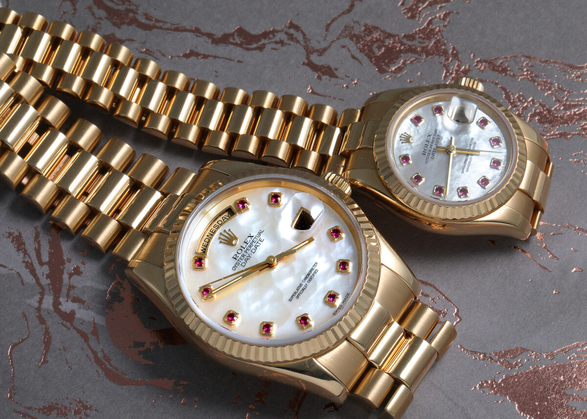 Rolex President Day Date Yellow Gold MOP Rubies Mens Watch 118238