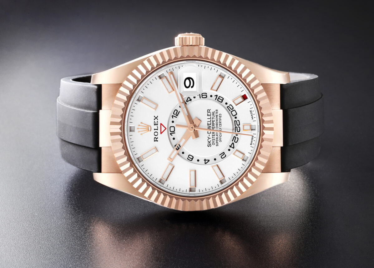 Rolex Sky-Dweller Rose Gold White Dial Oysterflex Mens Watch 326235