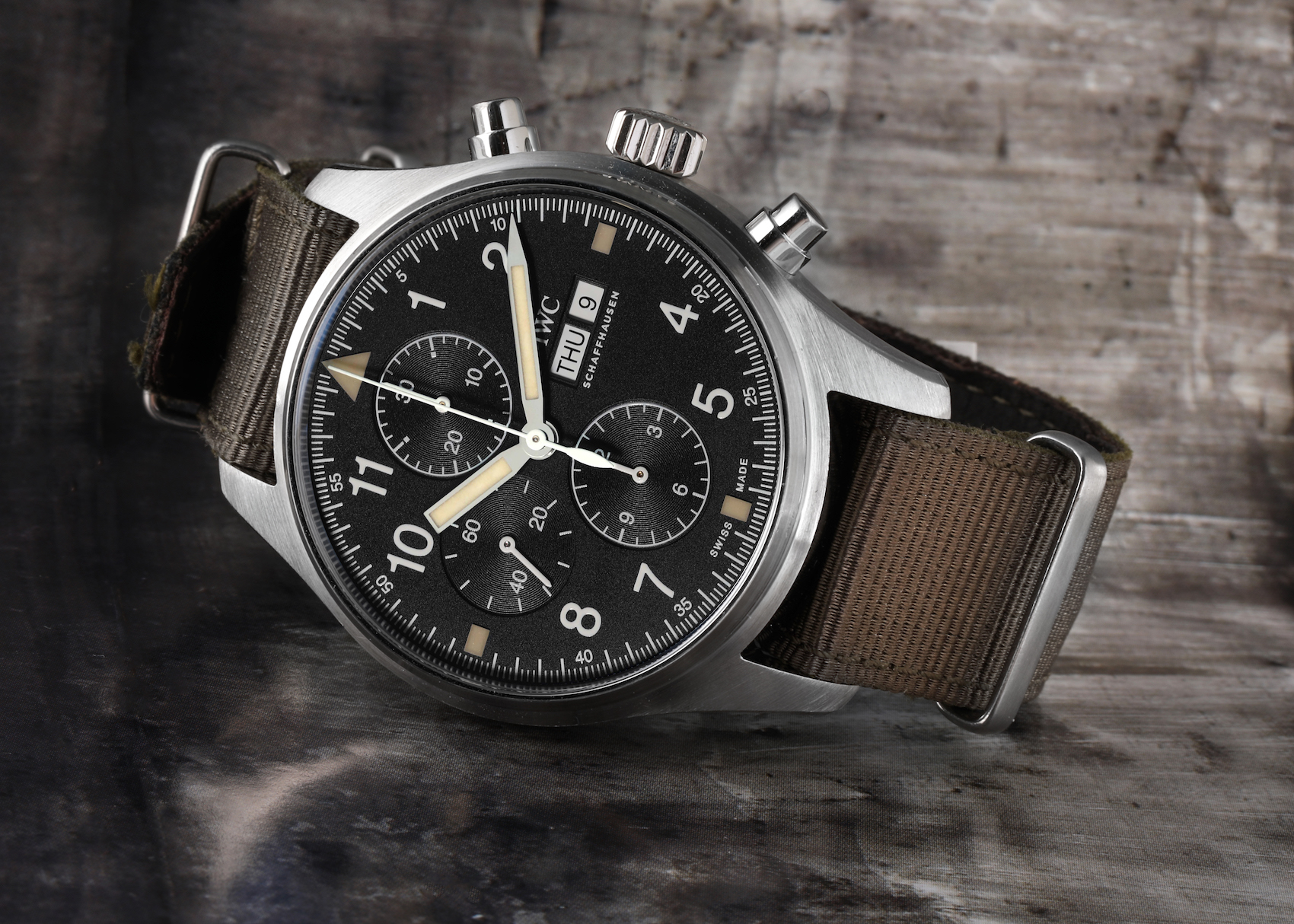 IWC Spitfire Pilot Steel Black Dial Chronograph Mens Watch IW377724 