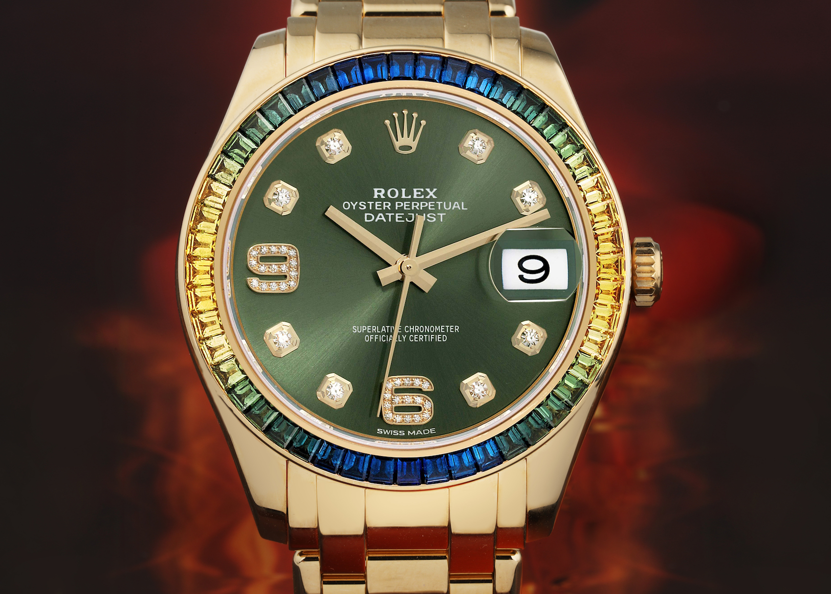 Rolex Pearlmaster Yellow Gold Sapphire Bezel Mens Watch 86348