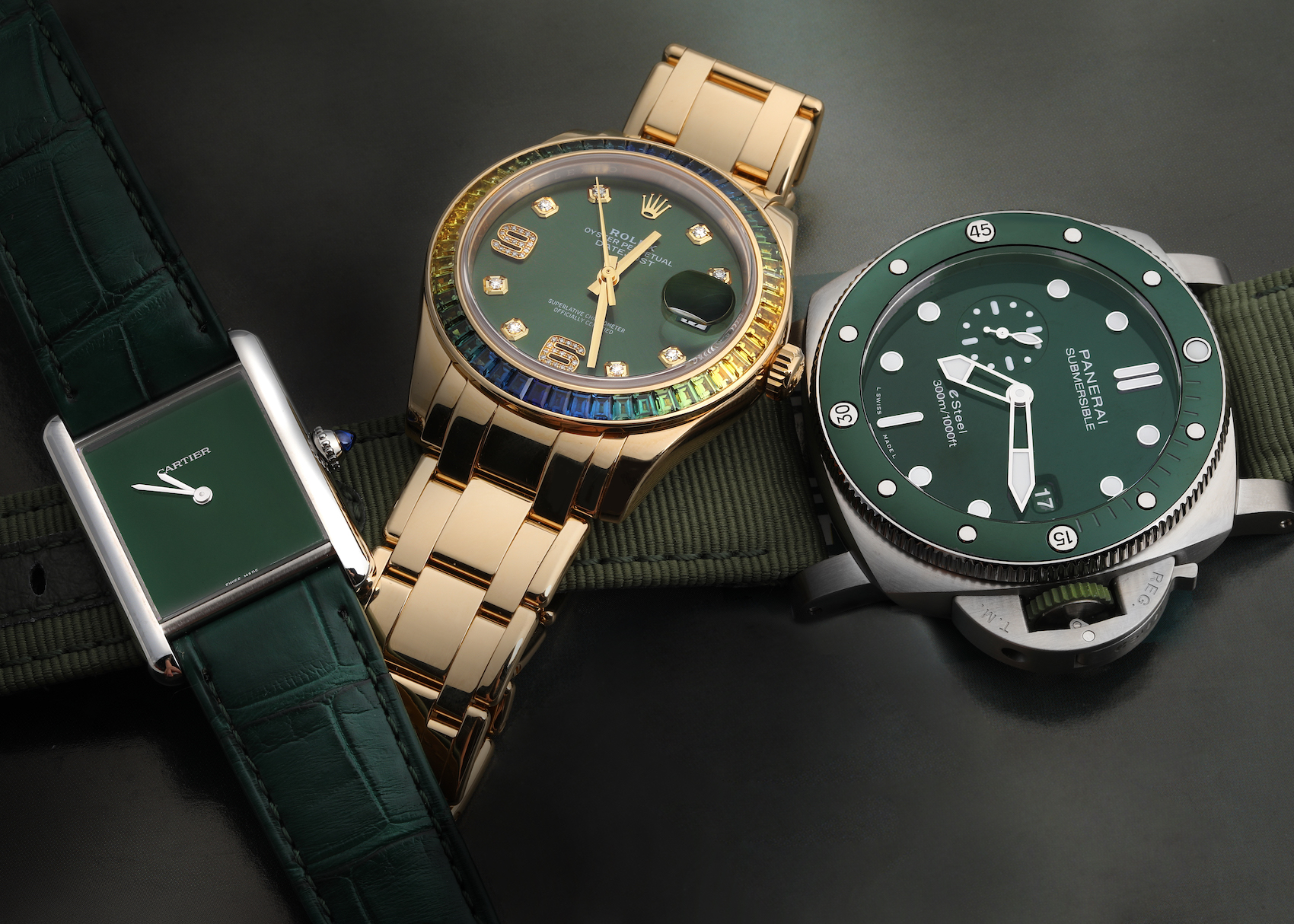 Green Dial Watches for Every Occasion - Rolex Pearlmaster, Cartier Tank Must, Panerai Luminor Submersible