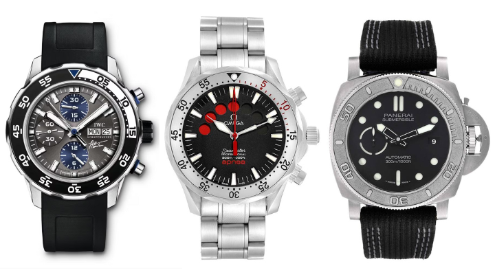 IWC Aquatimer Jacques Yves Costeau, Omega Seamaster Apnea Jacques Mayol, and Panerai Submersible Mike Horn Edition 